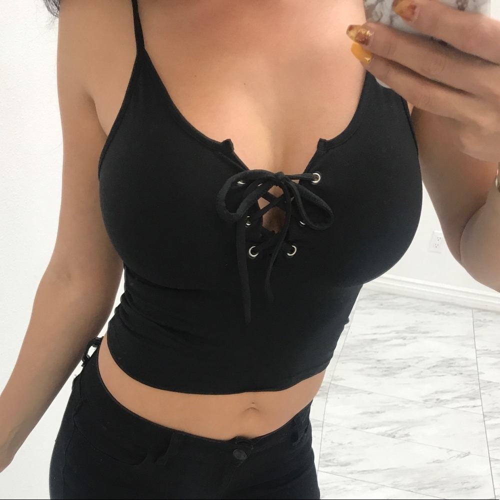 Black crop top with lace tie up in front